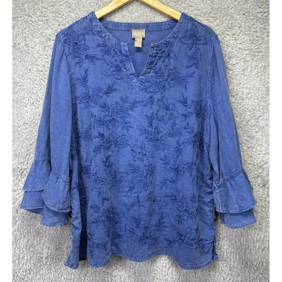 Chico's Tops - Chicos Size 2 (Large) Blue Embroidered Top V-Split Neck Bell Sleeve Lightweight
